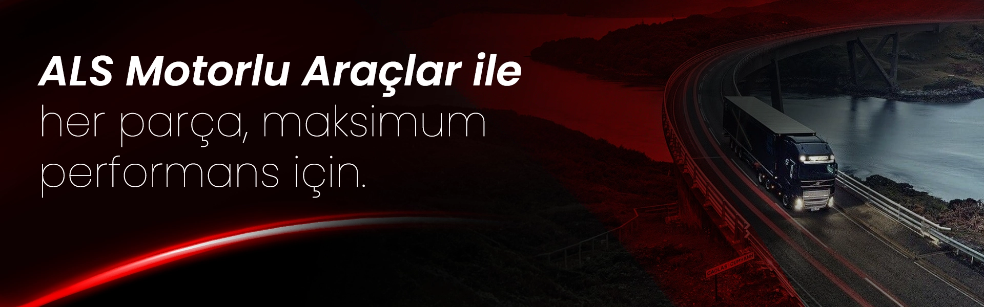 Mercedes kamyon ve tır yedek parça hizmeti sunan ALS Motorlu Araçlar için gece çekiminde Mercedes çekici ve logo görseli.